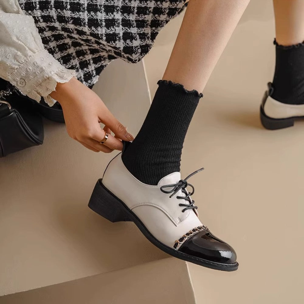 Color-Block Round Toe Leather Heels