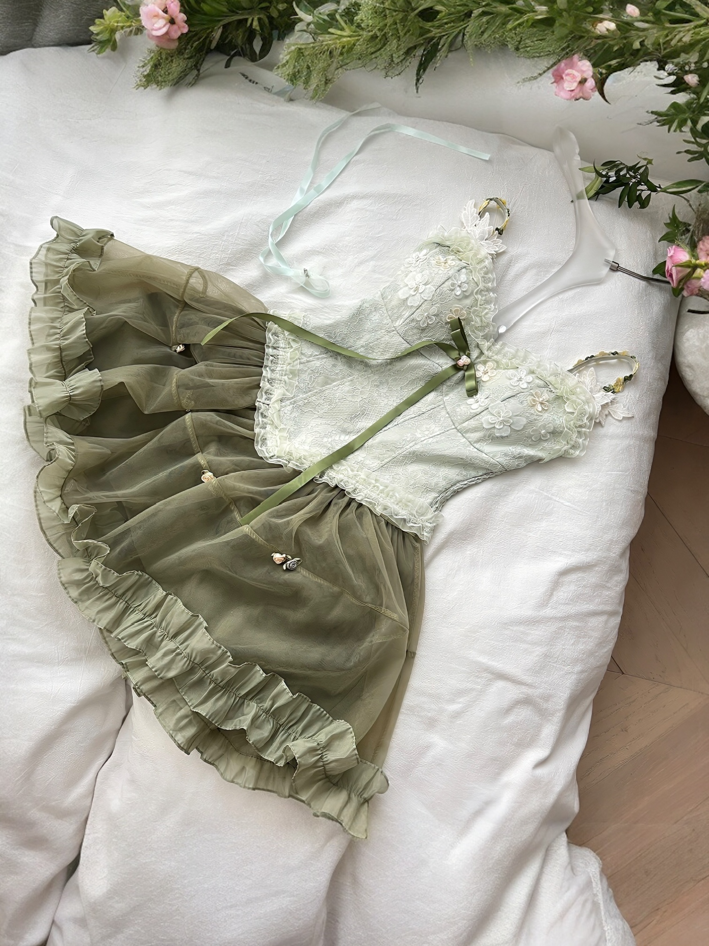 Green Lace Flower Top & Skirt Set