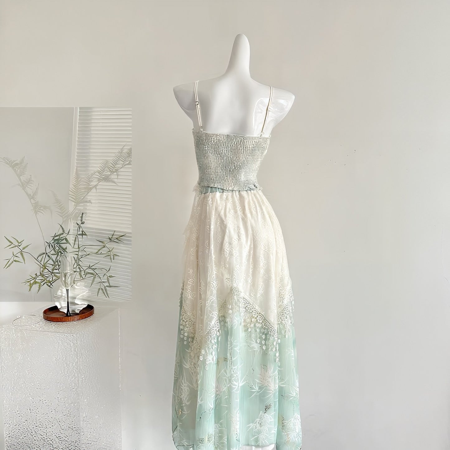 Embroidered Gold-Trimmed Camisole & Lace Layered Skirt Set