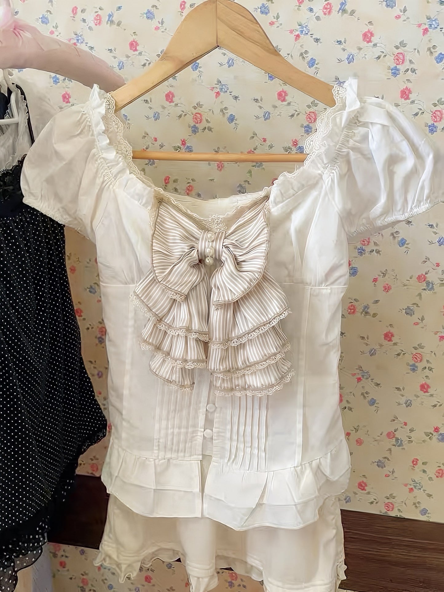 White Puff Sleeve Blouse with Ruffles & Suspenders