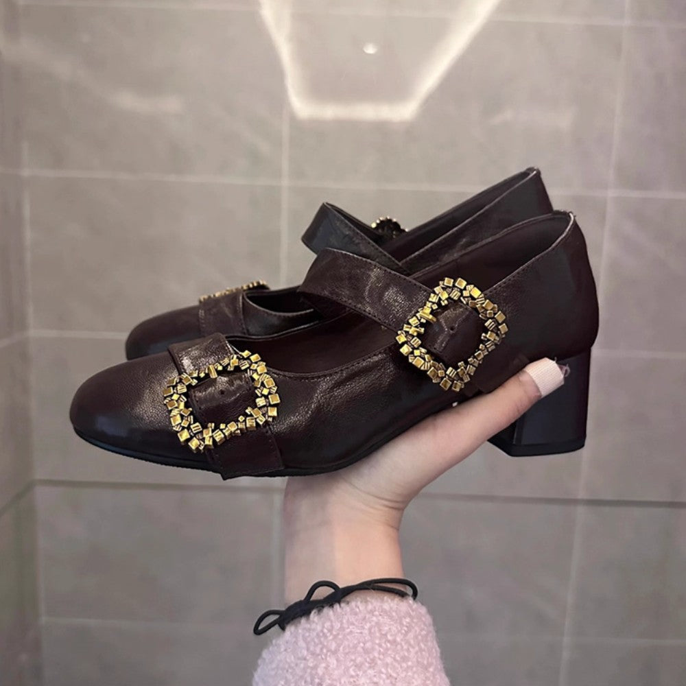 French Retro Lambskin Chunky Heels