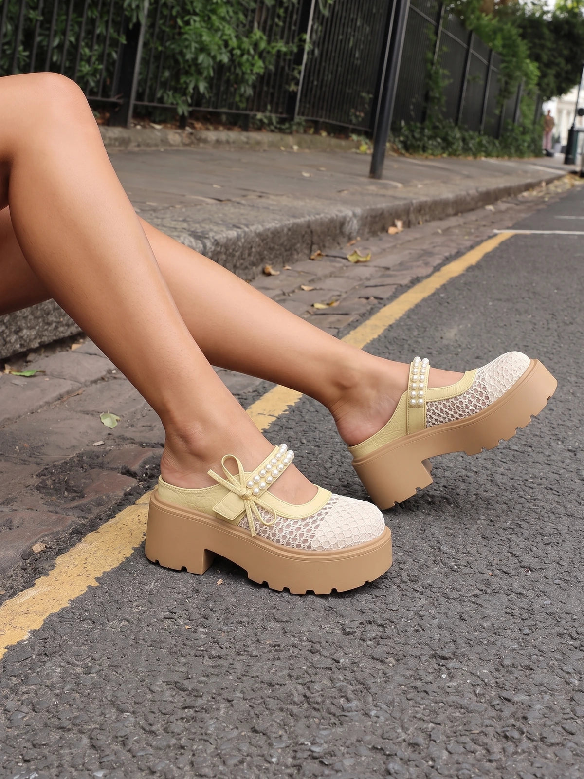 Mirellane Crochet Pearl Platform Mules
