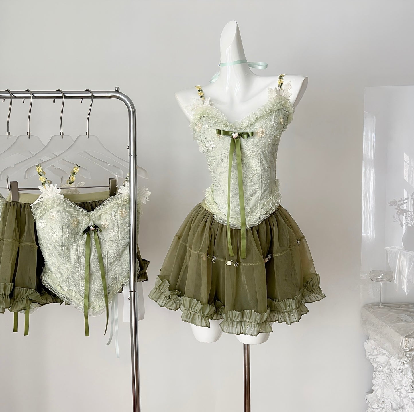 Green Lace Flower Top & Skirt Set