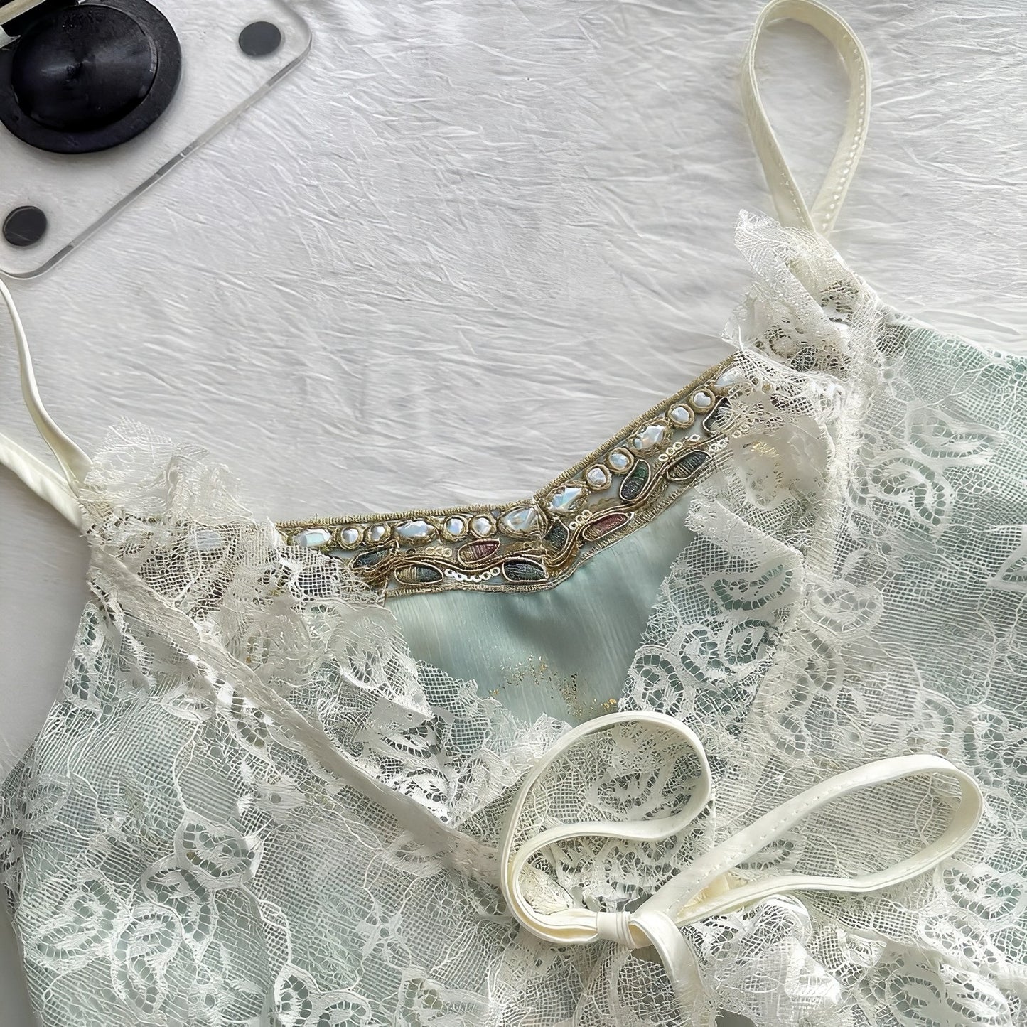 Embroidered Gold-Trimmed Camisole & Lace Layered Skirt Set