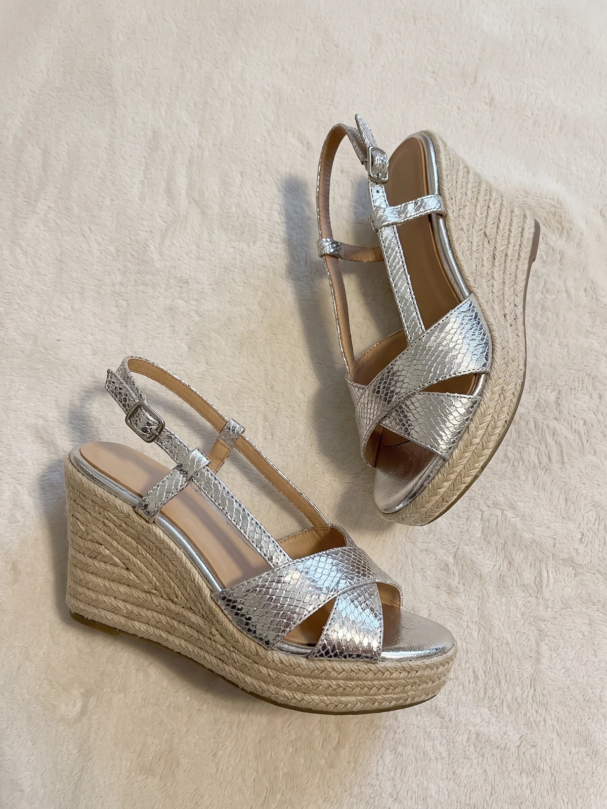 Ghislaine Silver Snakeskin Espadrille Wedges