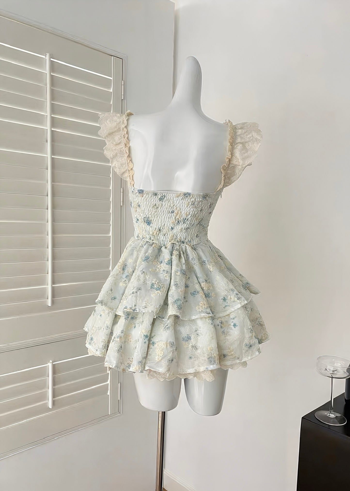 Floral Tiered Ruffle Mini Dress with Lace Trim