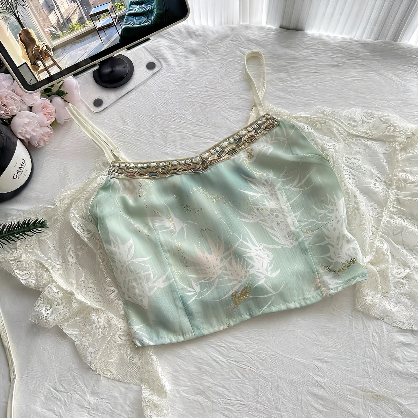 Embroidered Gold-Trimmed Camisole & Lace Layered Skirt Set