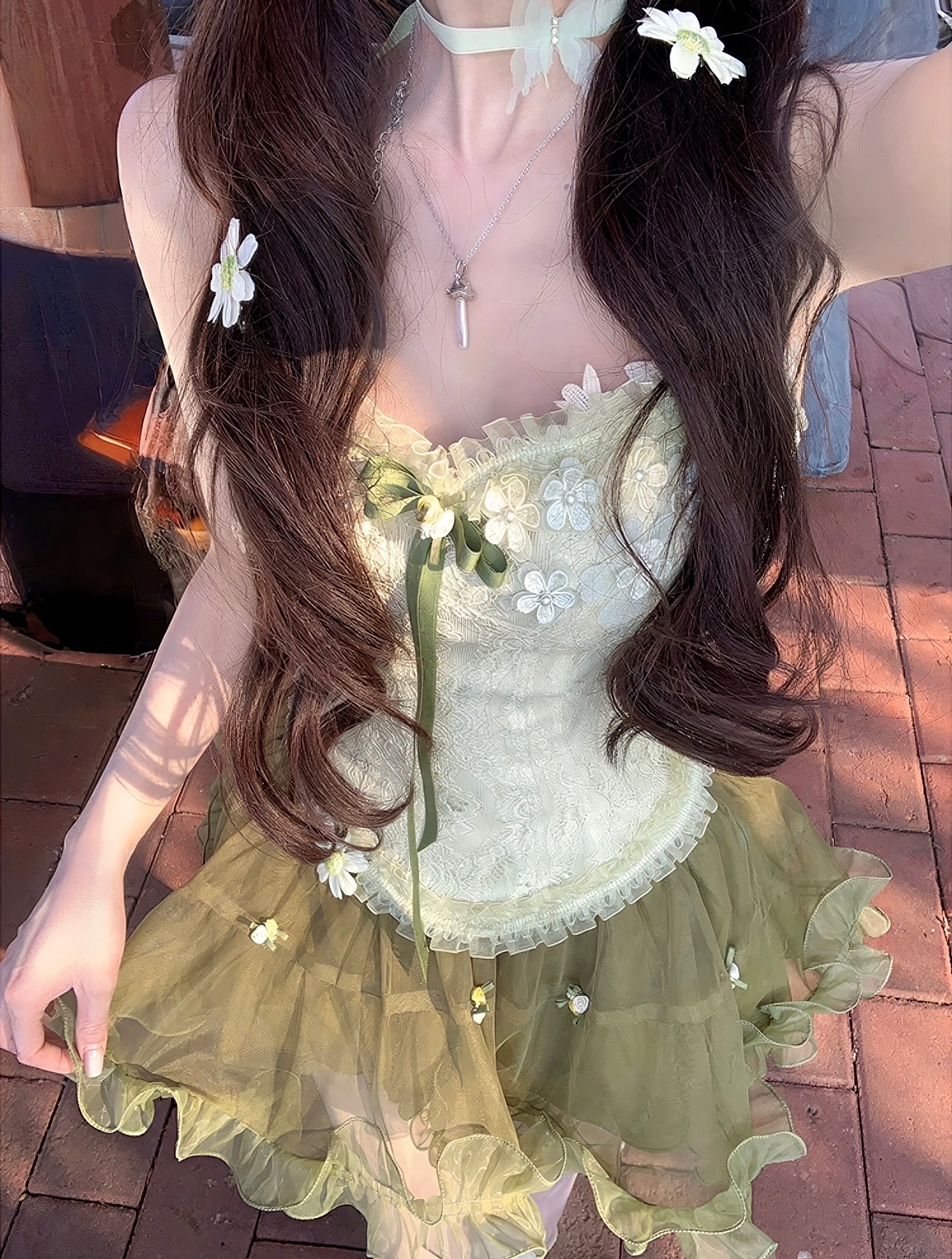 Green Lace Flower Top & Skirt Set