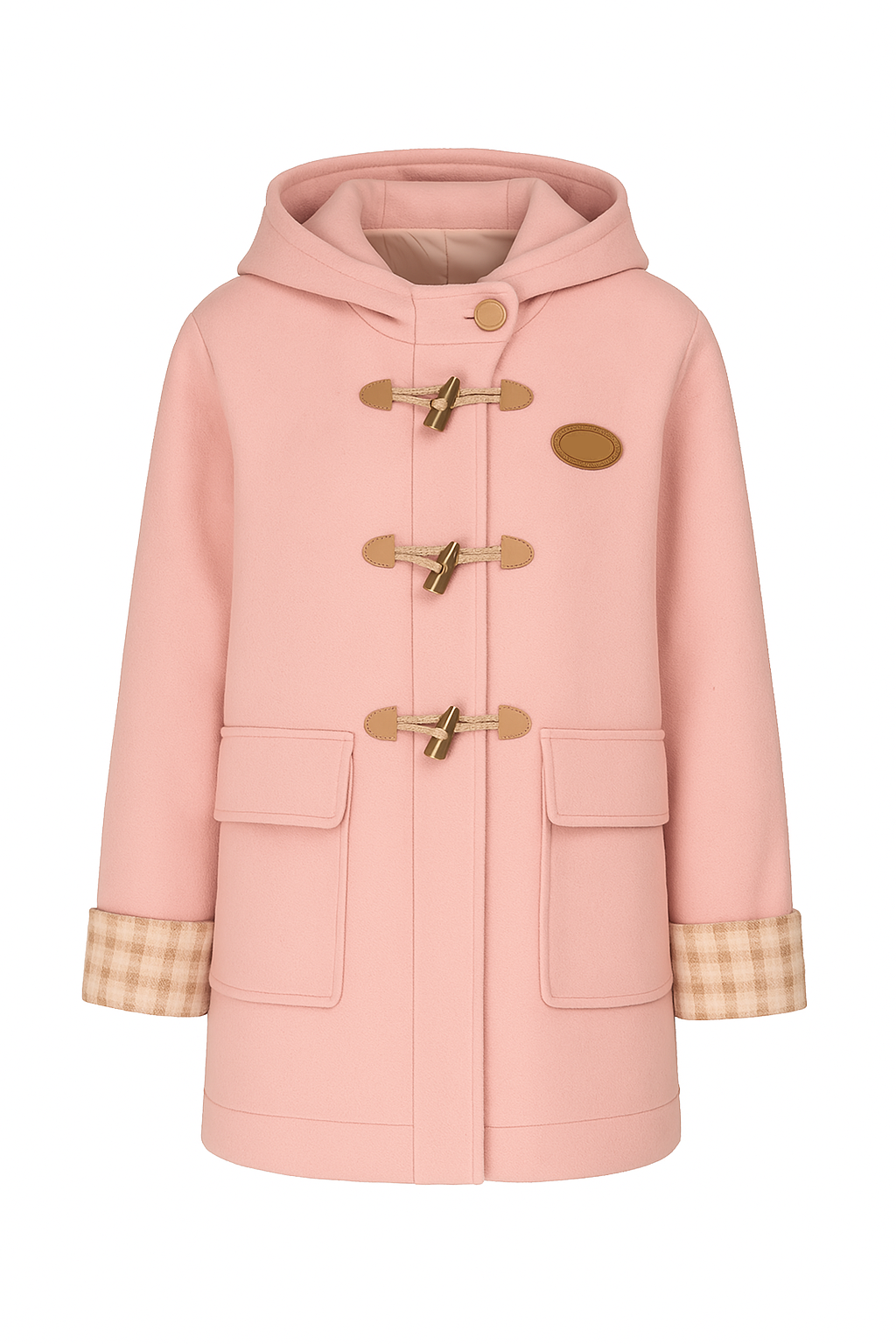 Pink Plaid Horn Button Hooded Jacket
