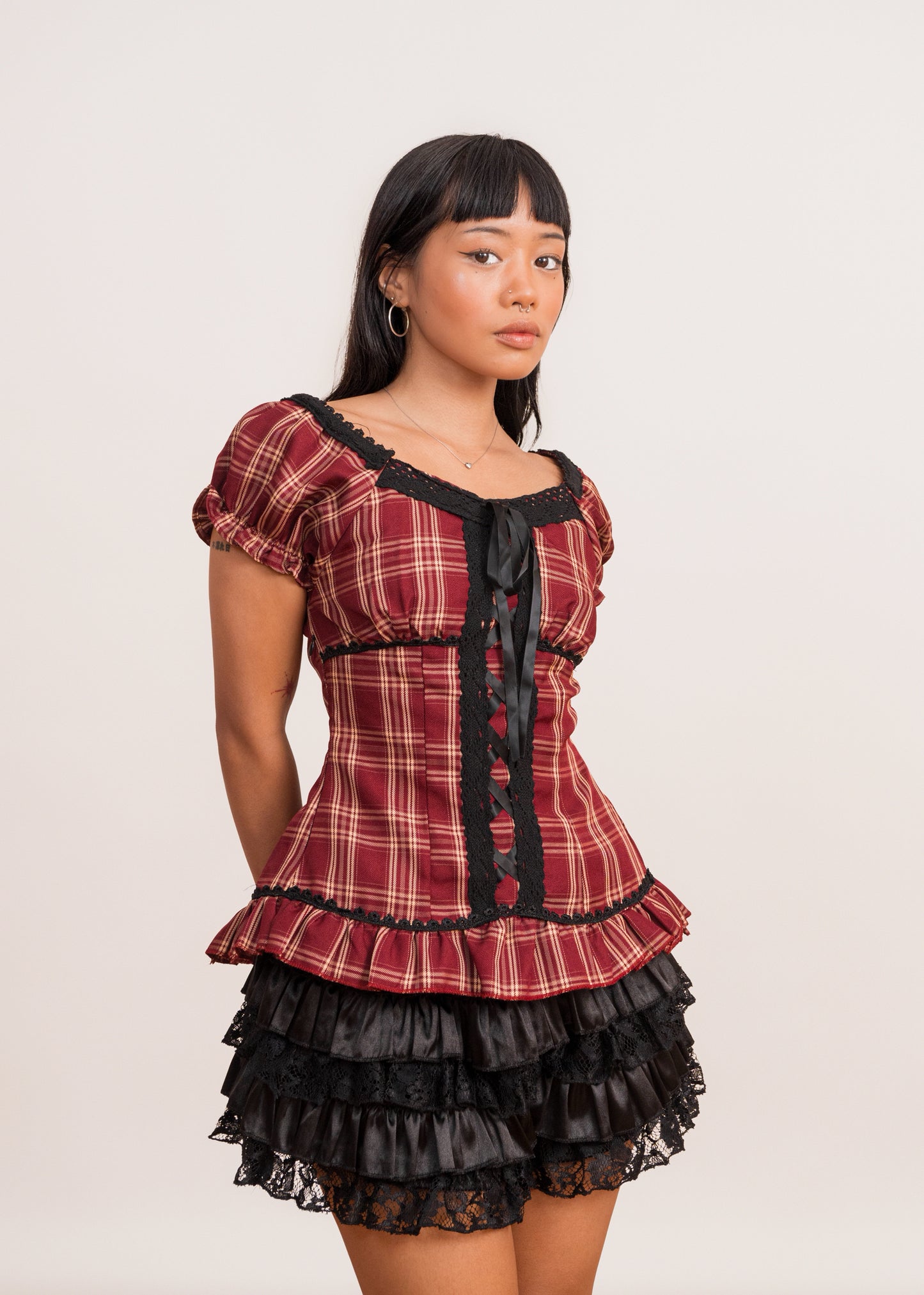 Crimson Tartan Lace Blouse