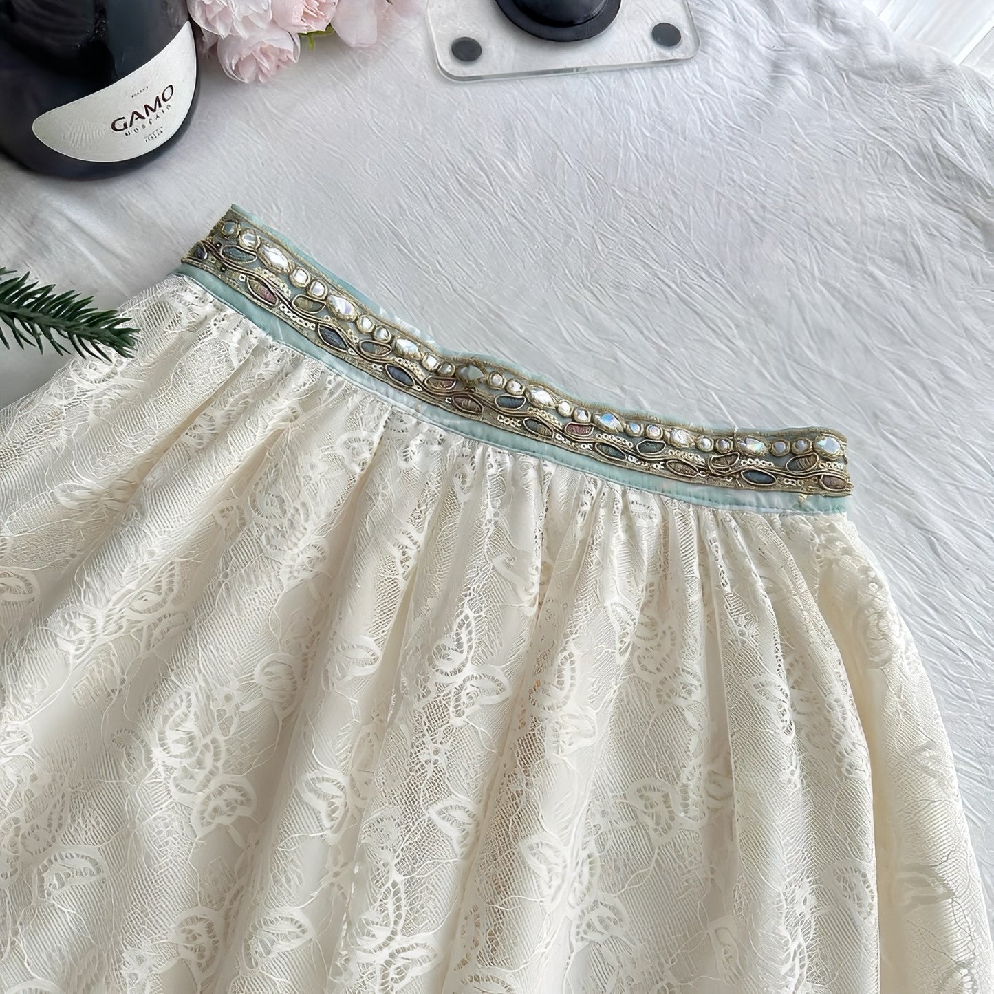 Embroidered Gold-Trimmed Camisole & Lace Layered Skirt Set