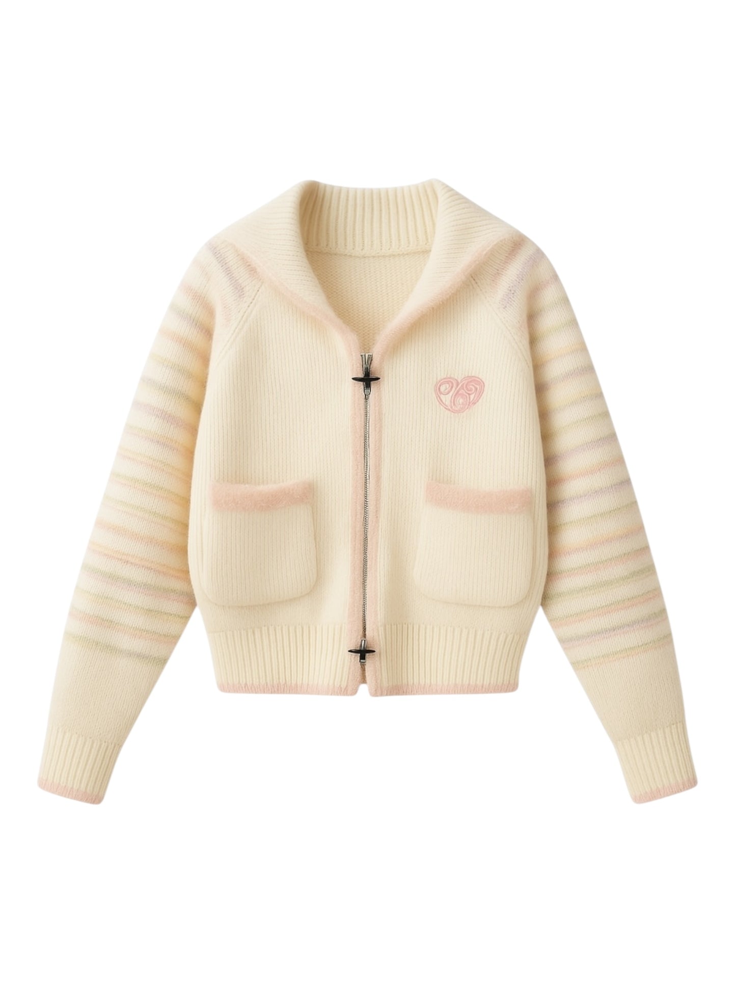 Beige Striped Zipper Cardigan with Heart Embroidery