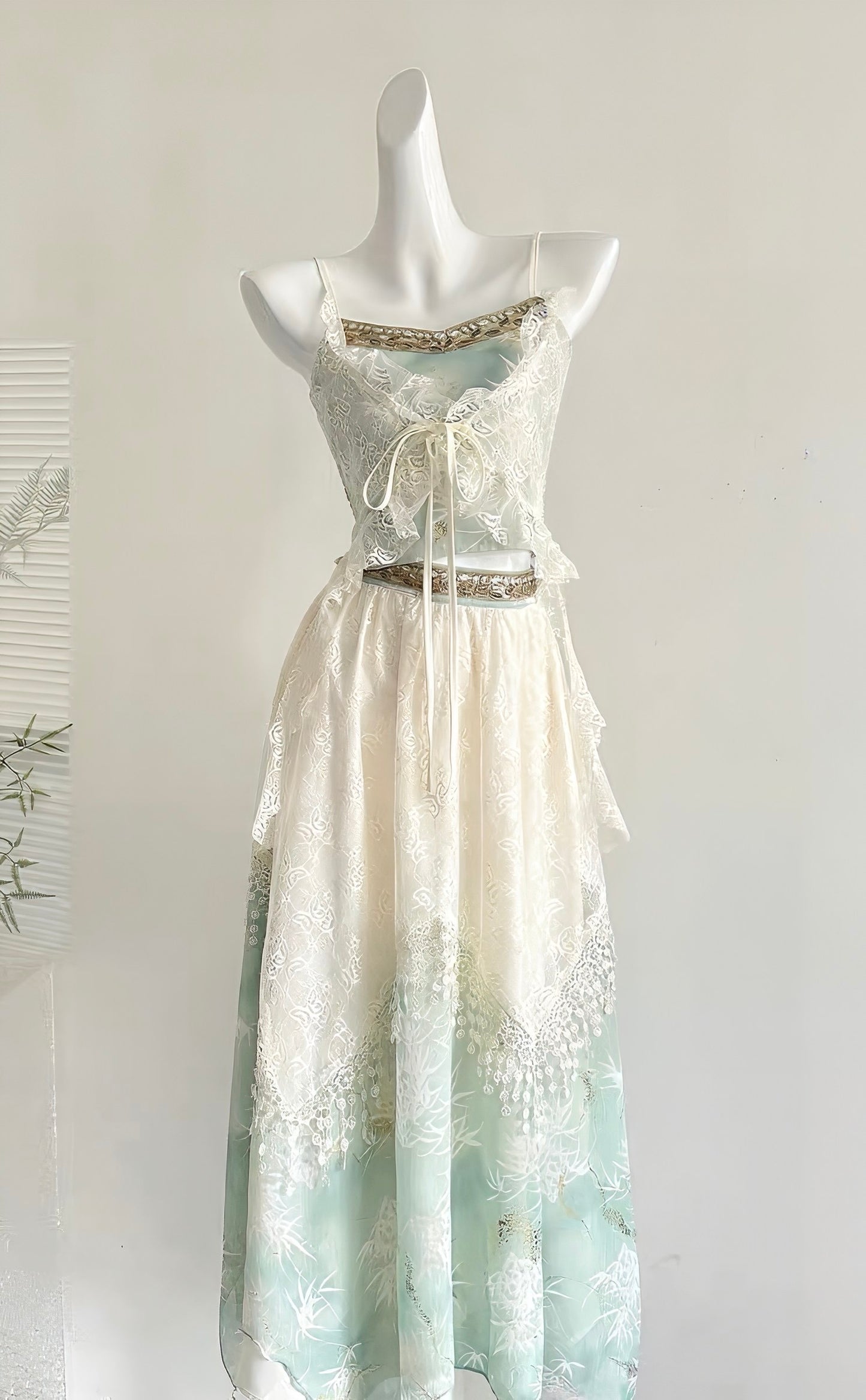 Embroidered Gold-Trimmed Camisole & Lace Layered Skirt Set