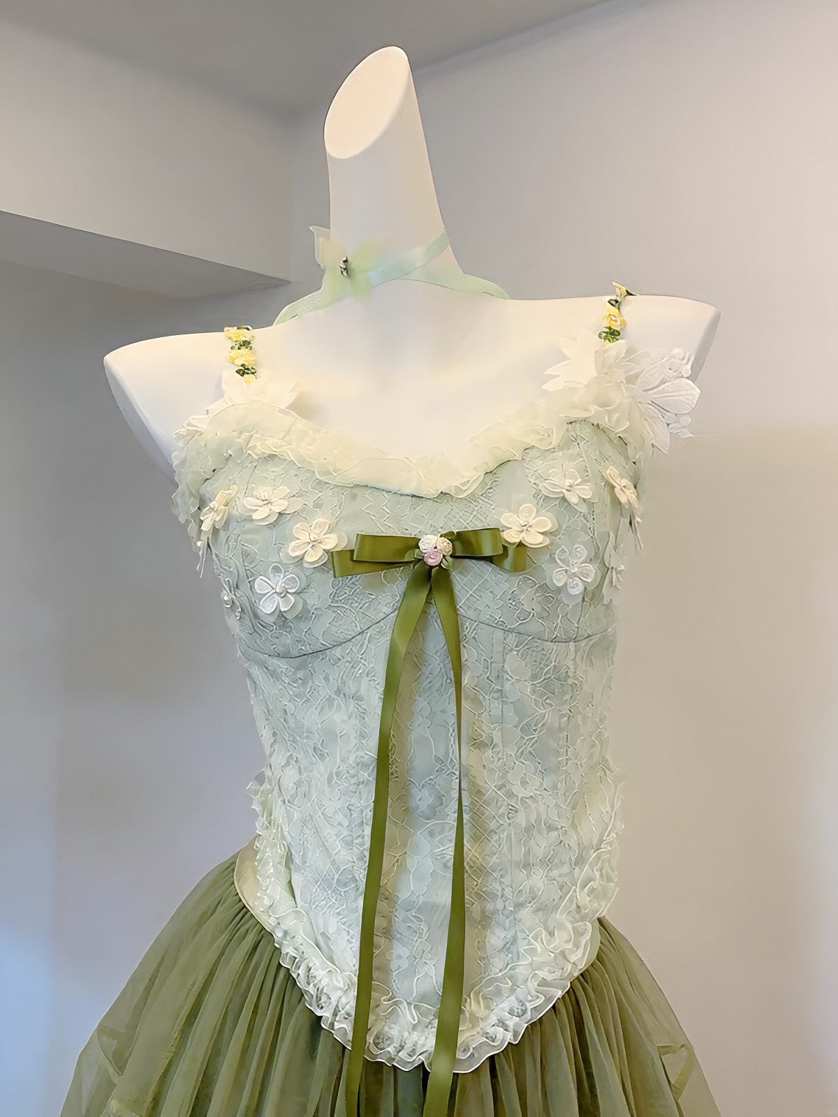 Green Lace Flower Top & Skirt Set