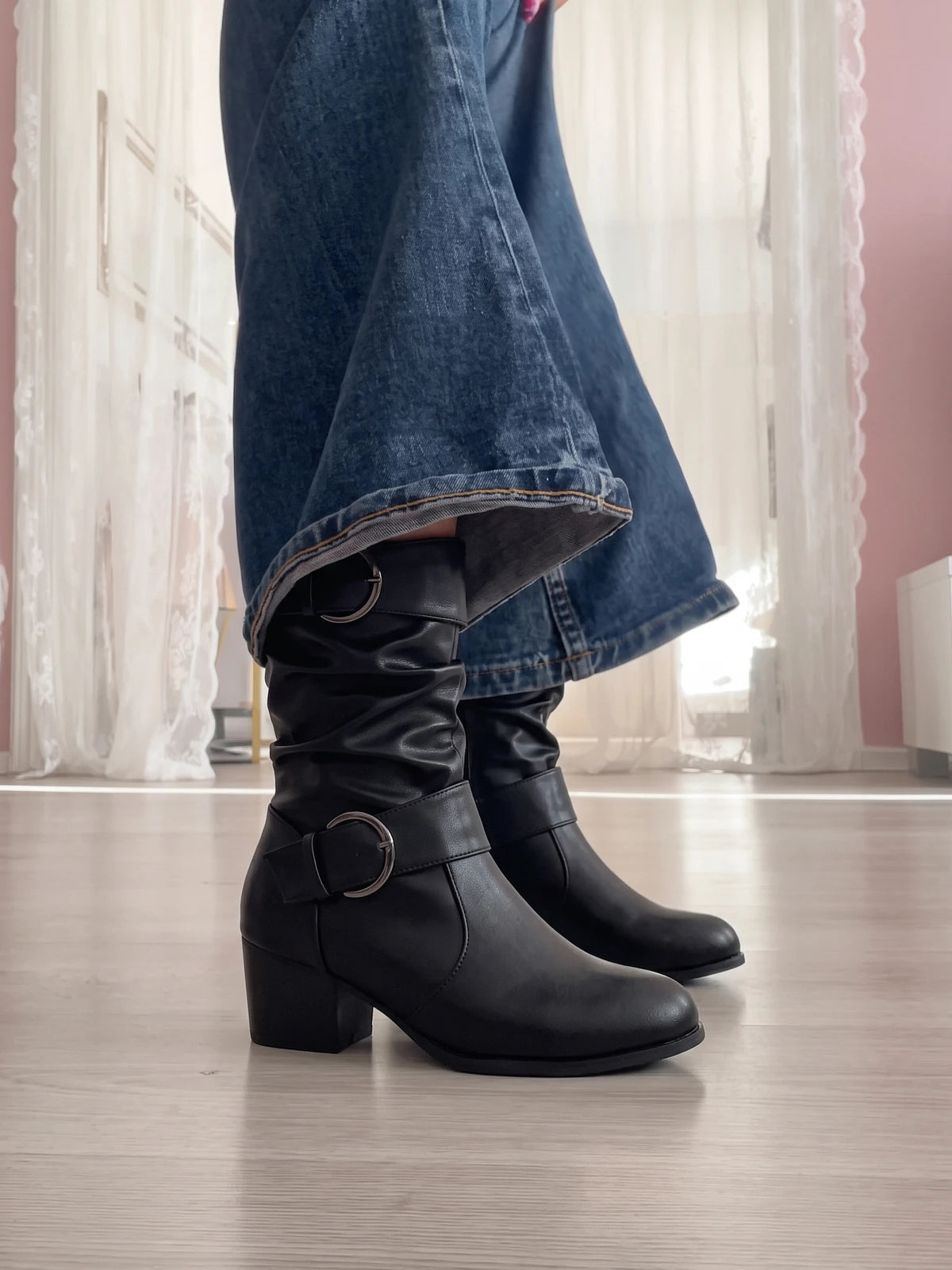 Aline Slouchy Buckle Mid-Calf Boots