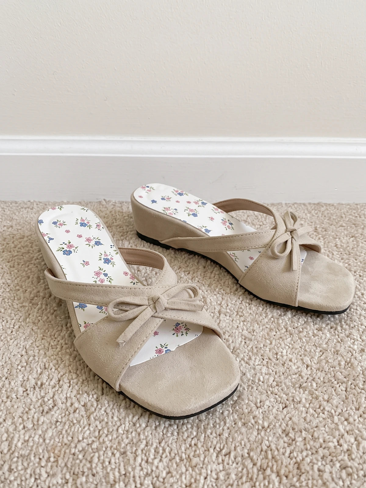 Josselyn Beige Suede Bow Wedge Slides