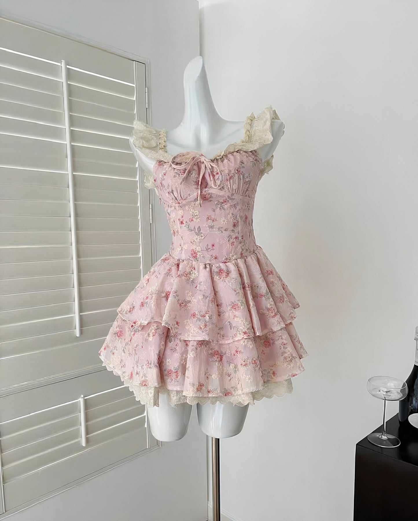 Floral Tiered Ruffle Mini Dress with Lace Trim