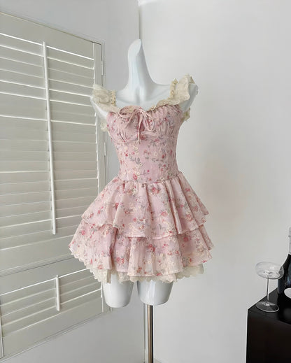 Floral Tiered Ruffle Mini Dress with Lace Trim