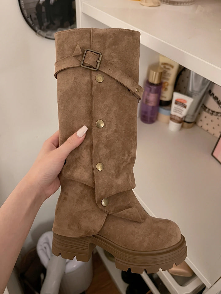 Ottavia Suede Buckle Knee-High Boots