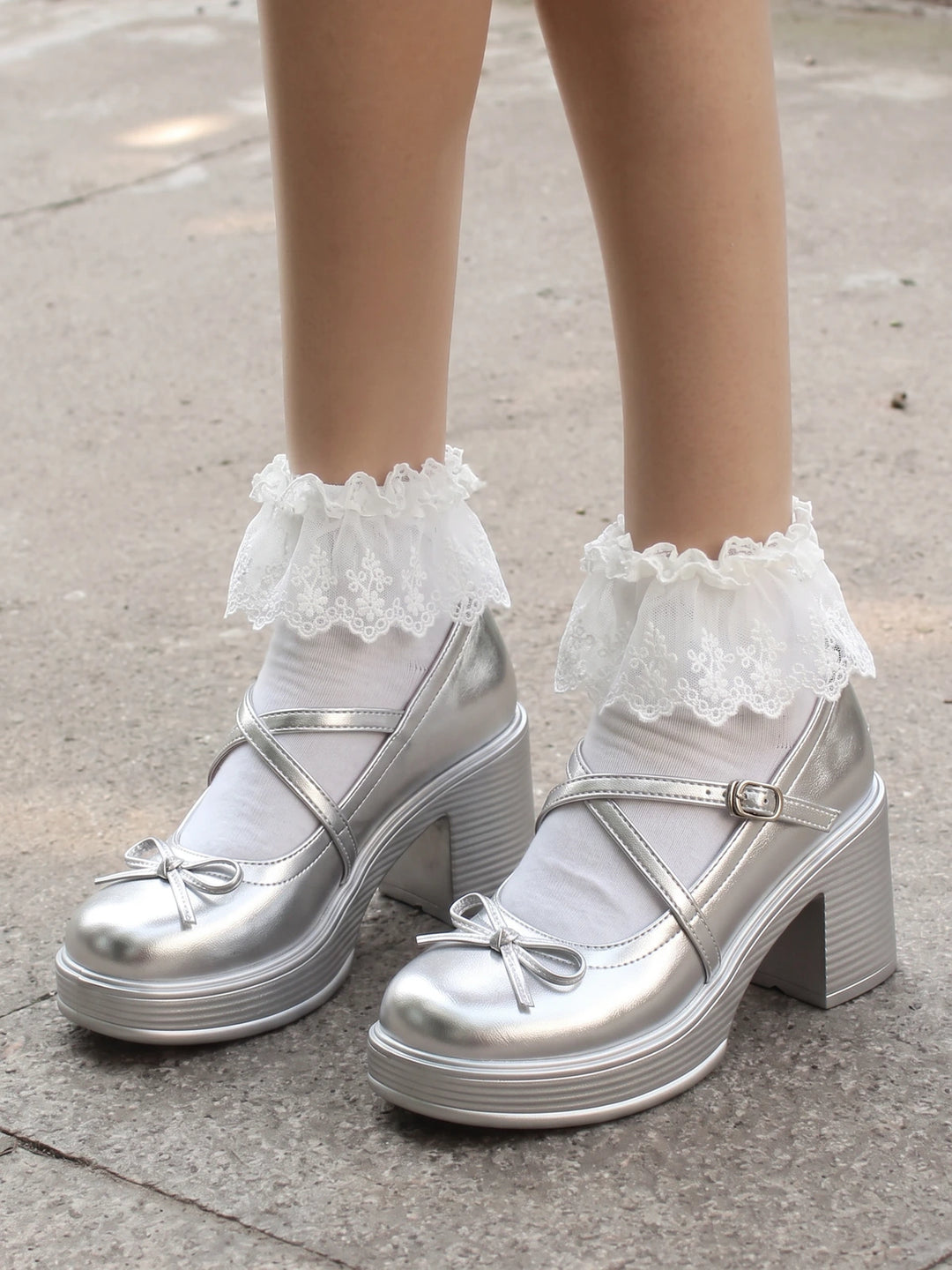 Mirettina Silver Bow Platform Mary Janes