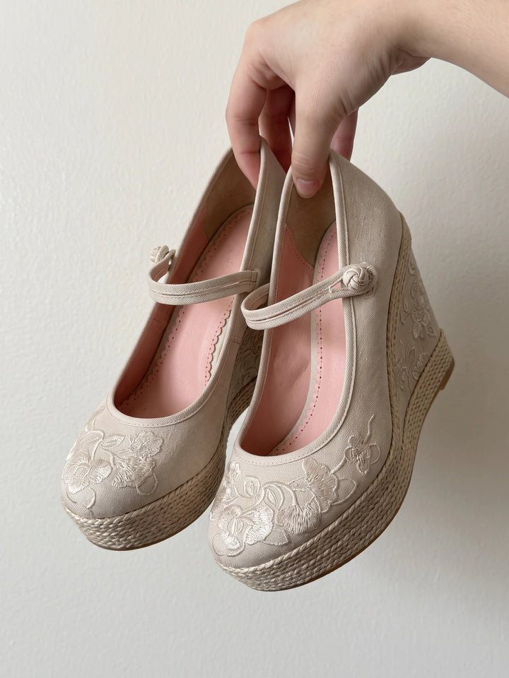 Amaryllis Embroidered Wedge Mary Janes