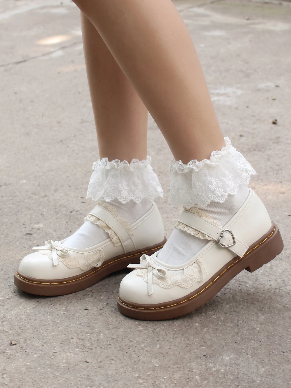 Soleil Lace Heart-Buckle Mary Jane Flats