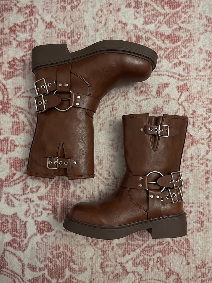 Violaine Brown Buckled Biker Boots
