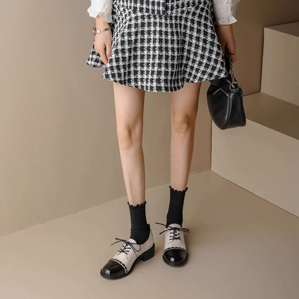 Color-Block Round Toe Leather Heels