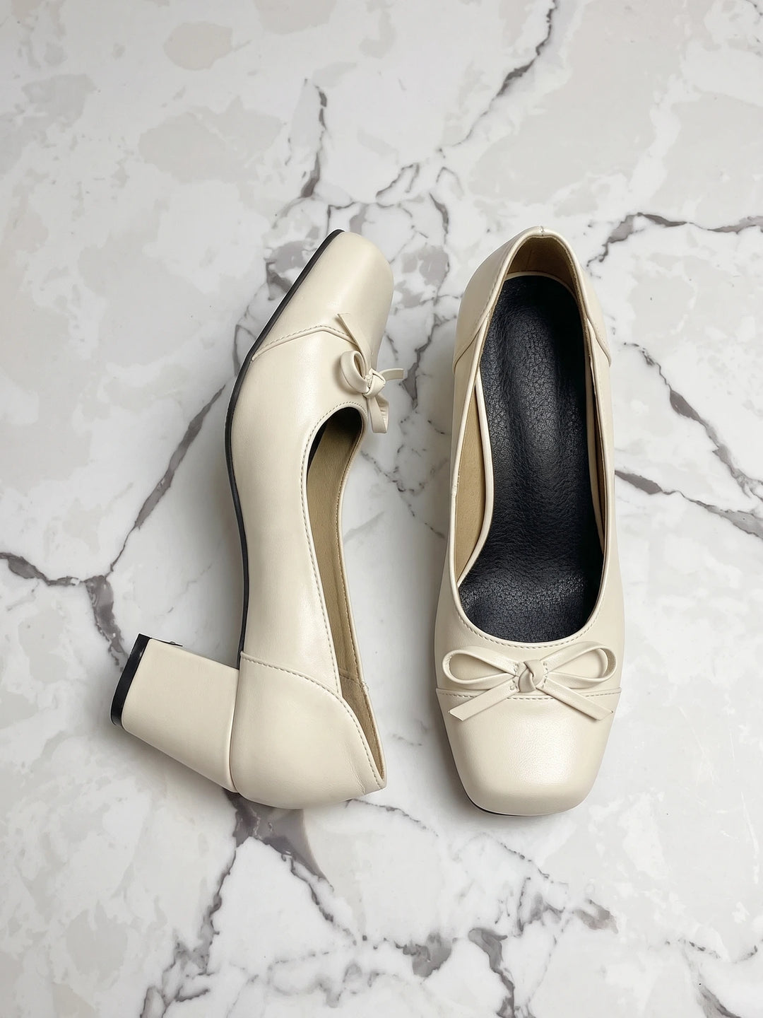 Solange Cream Bow Square Toe Heels