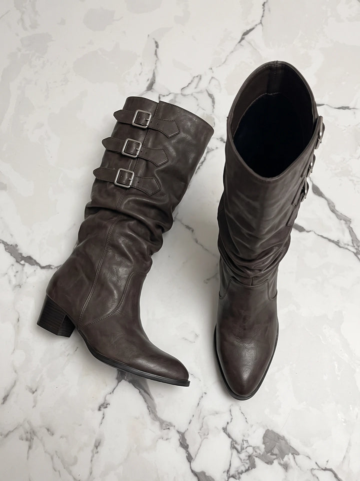 Violaine Distressed Buckle Slouch Boots
