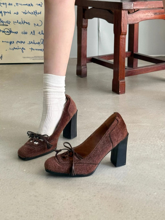 Retro Square-Toe Bow Strap Heels