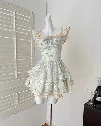 Floral Tiered Ruffle Mini Dress with Lace Trim
