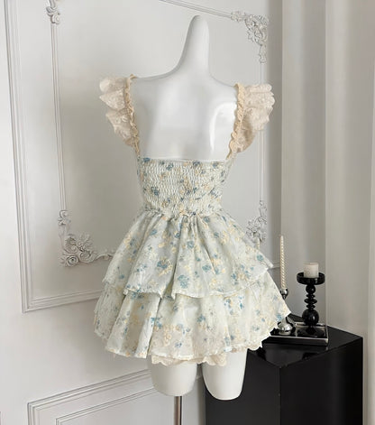 Floral Tiered Ruffle Mini Dress with Lace Trim