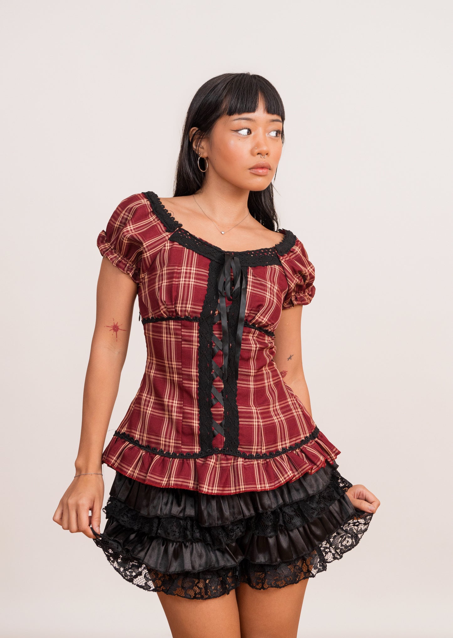 Crimson Tartan Lace Blouse