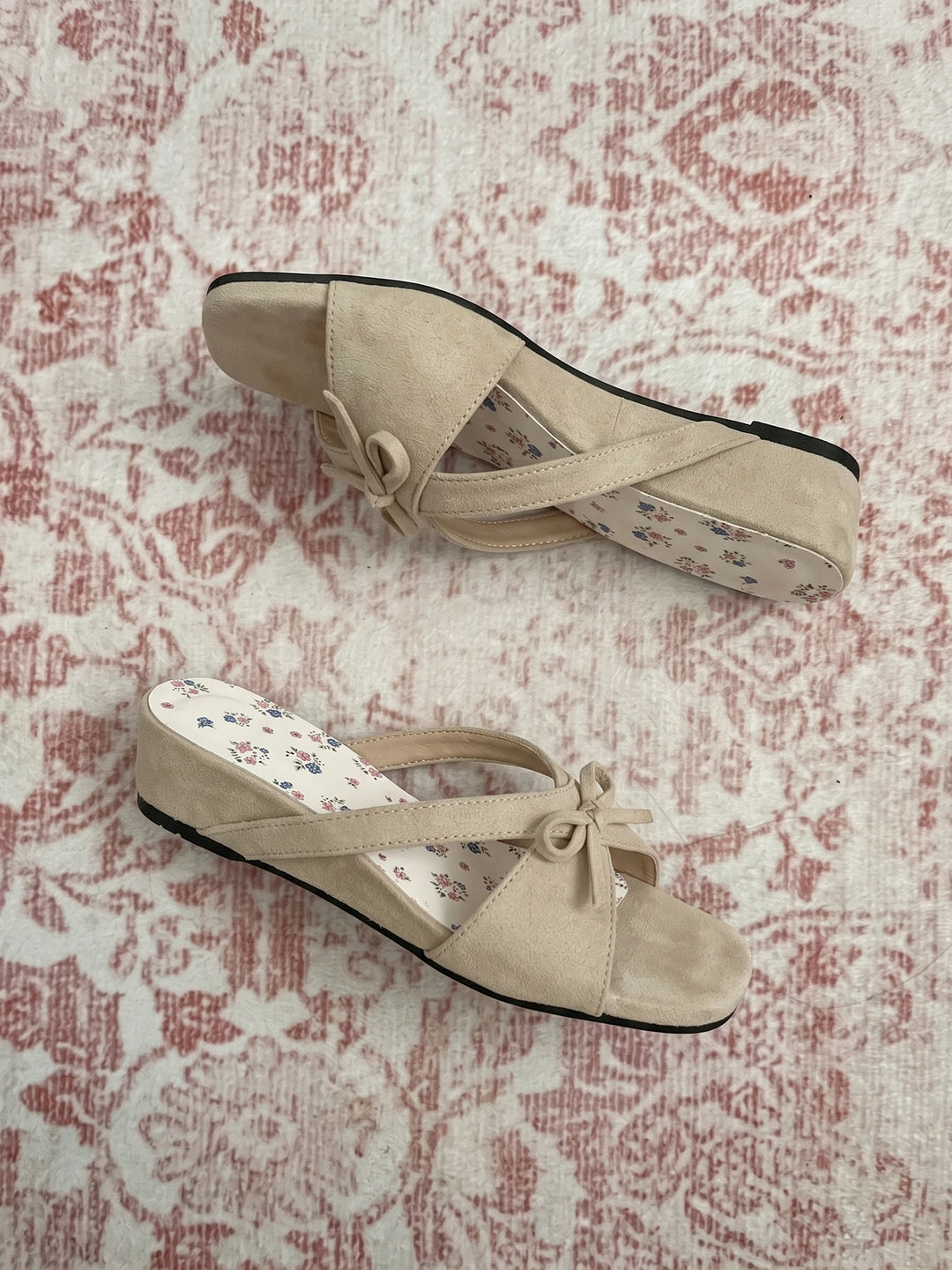 Josselyn Beige Suede Bow Wedge Slides