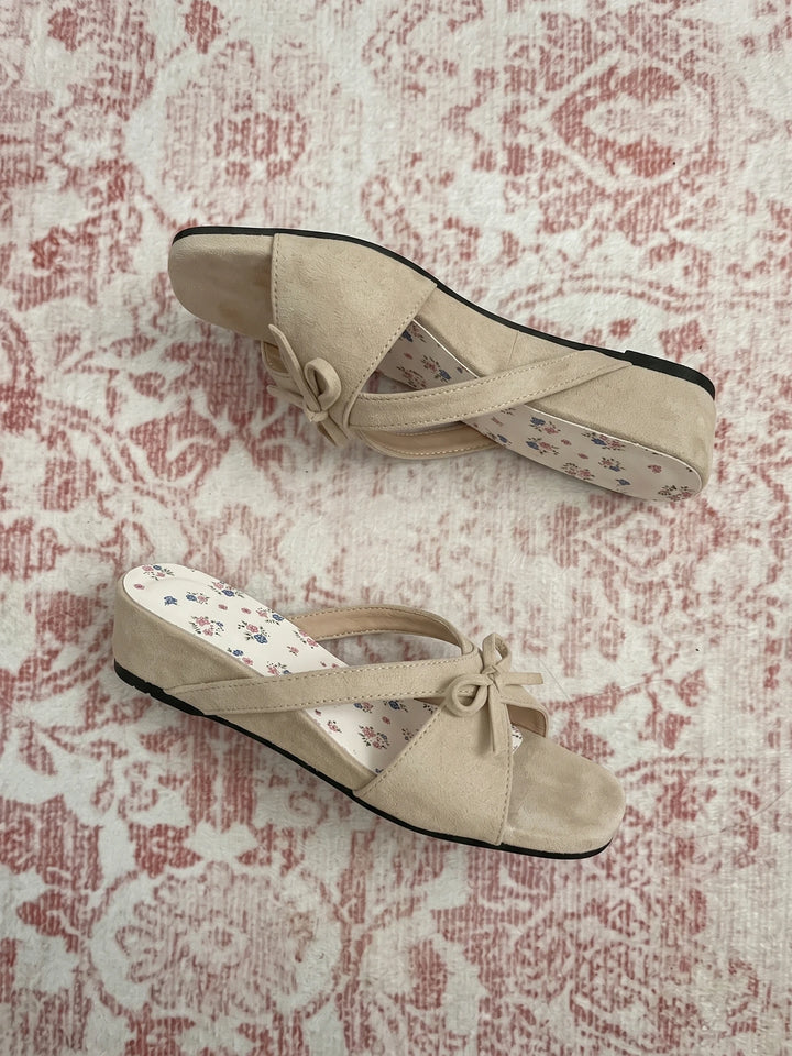 Josselyn Beige Suede Bow Wedge Slides