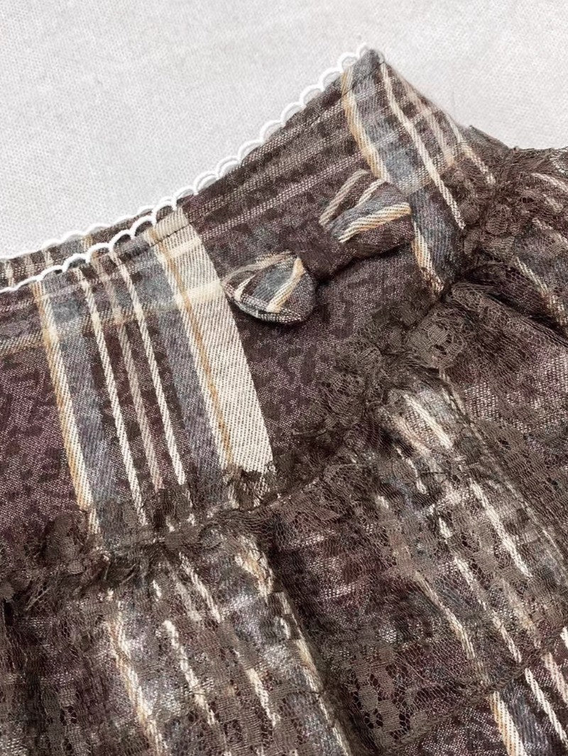 Plaid Patchwork Lace Woolen Mini Skirt