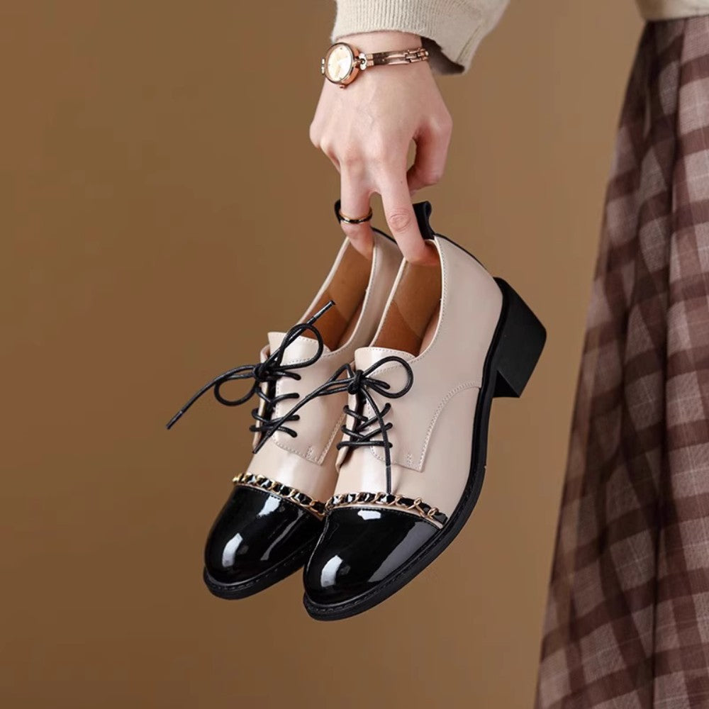 Color-Block Round Toe Leather Heels