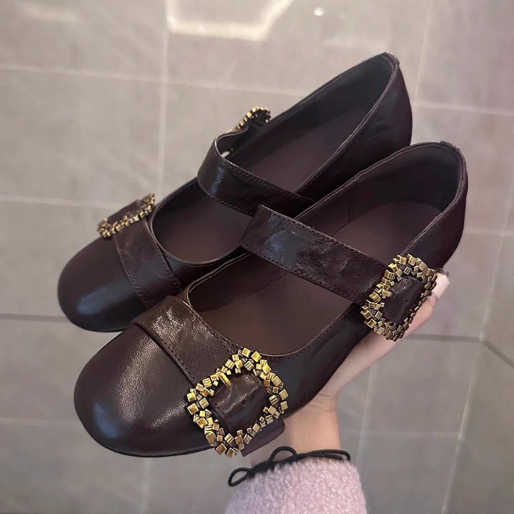 Retro Round-Toe Metal Buckle Heels