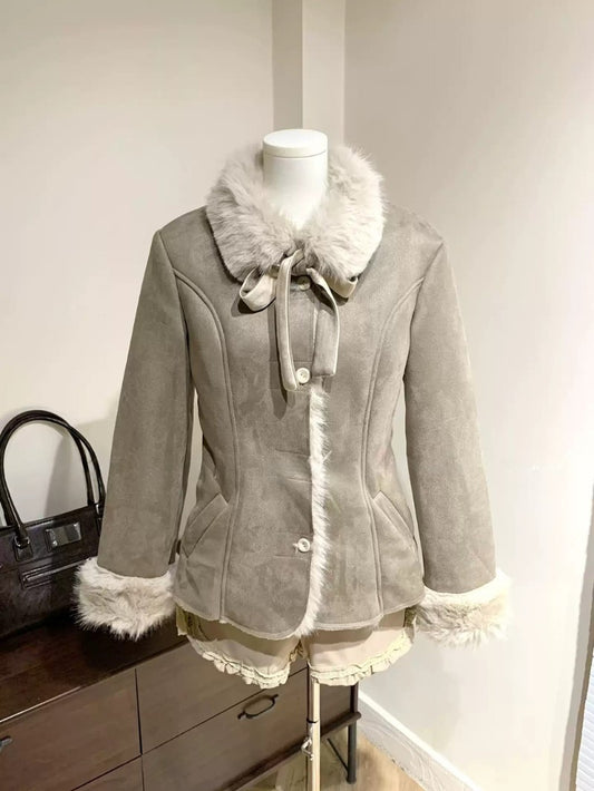 Plush Bow Trim Winter Coat