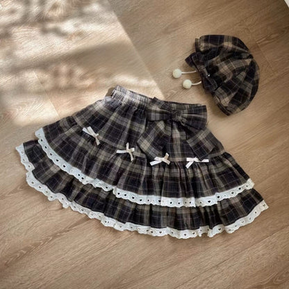 Coffee Plaid Bow Cake Skirt