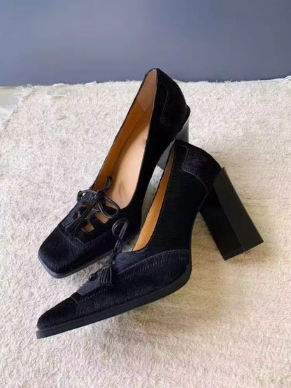 Retro Square-Toe Bow Strap Heels