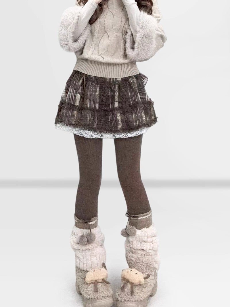 Brown Plaid Lace Mini Skirt