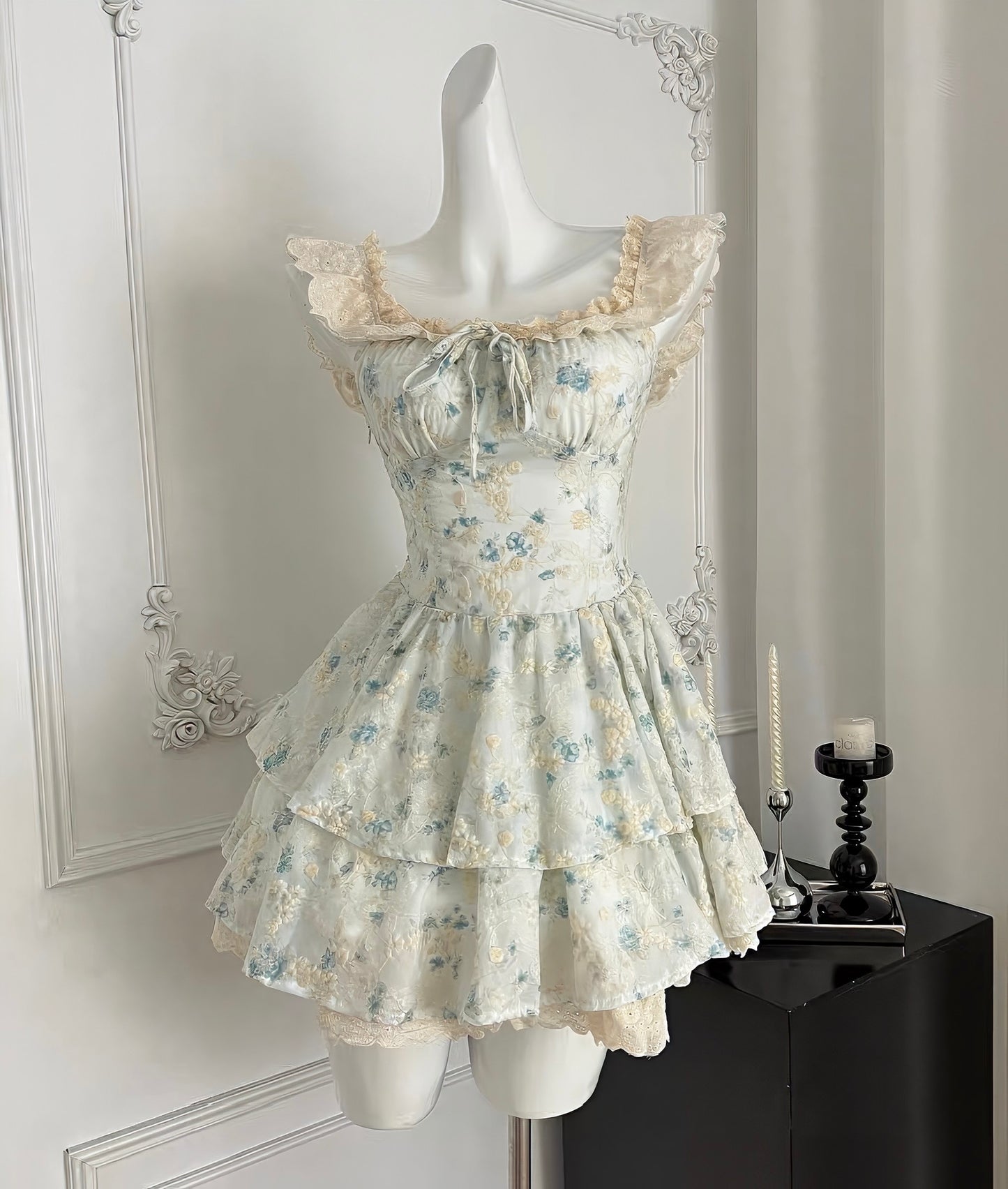 Floral Tiered Ruffle Mini Dress with Lace Trim