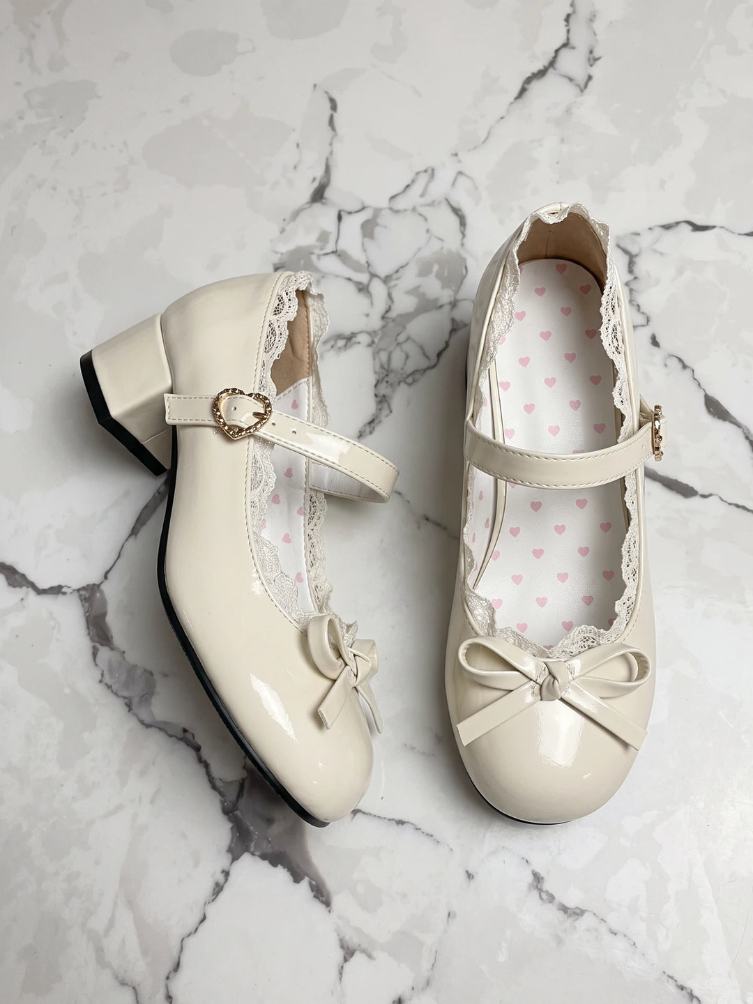 Zelie Lace Bow Heart Mary Jane Heels