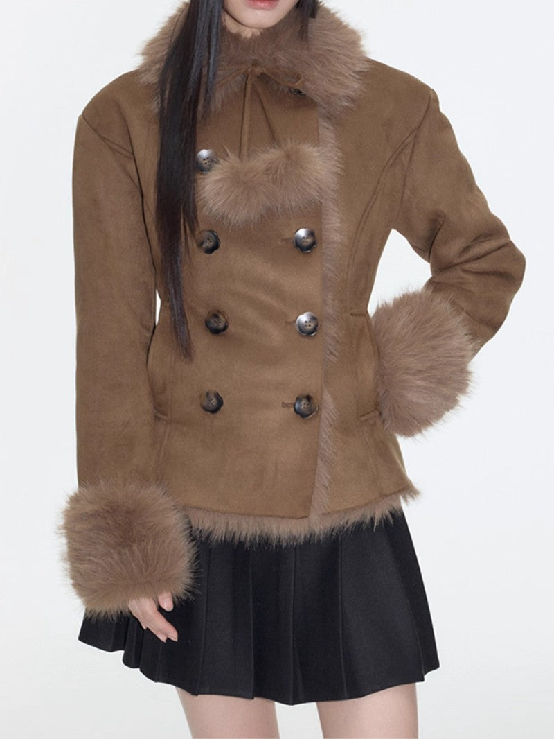 Fur-Lined Suede Patchwork Short Jacket