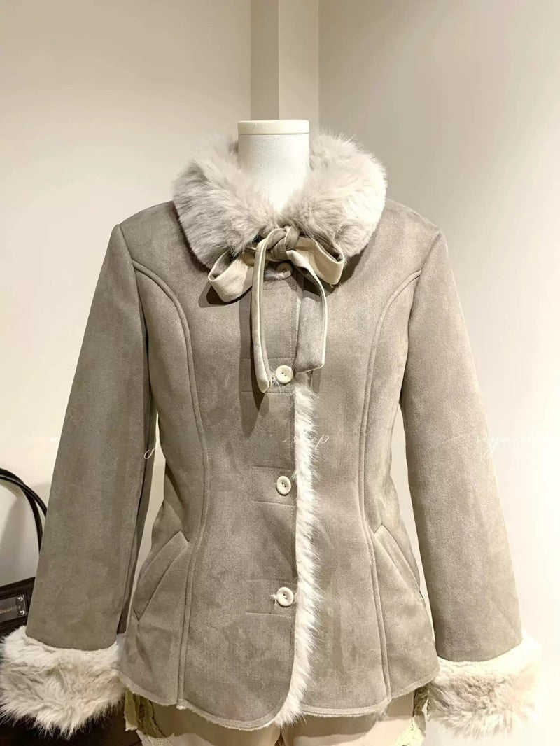 Plush Bow Trim Winter Coat