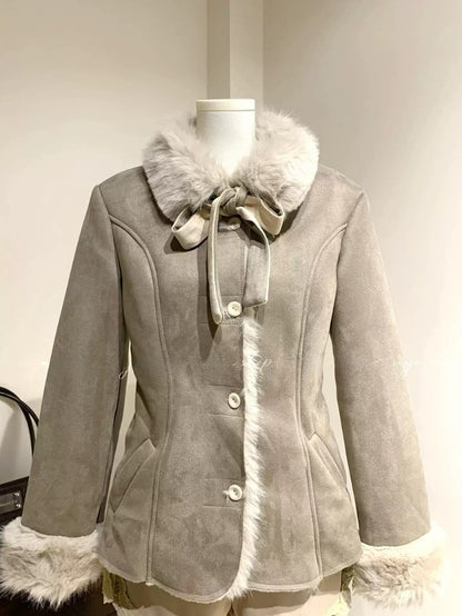 Plush Bow Trim Winter Coat