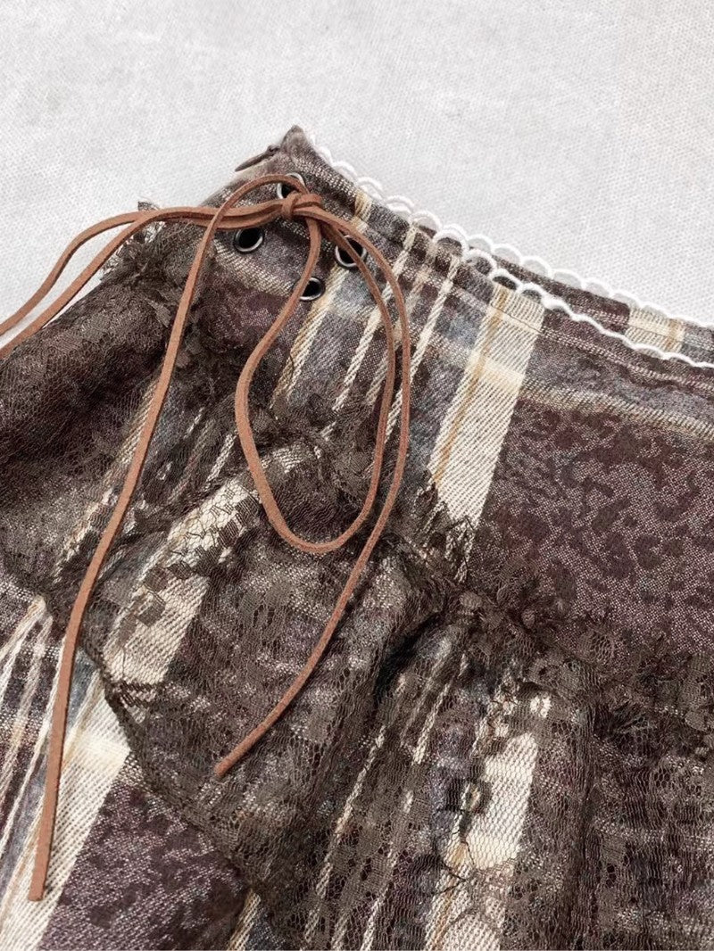 Plaid Patchwork Lace Woolen Mini Skirt