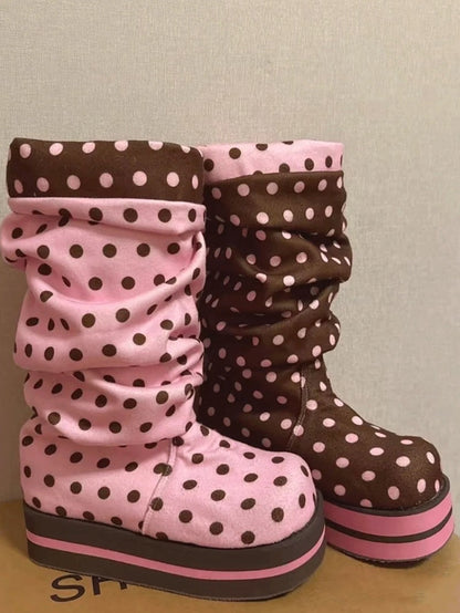 Polka Dot Platform Mid Calf Boots